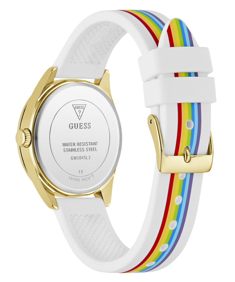 Guess watch with white strap and rainbow pattern on a white background