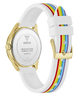 Guess watch with white strap and rainbow pattern on a white background