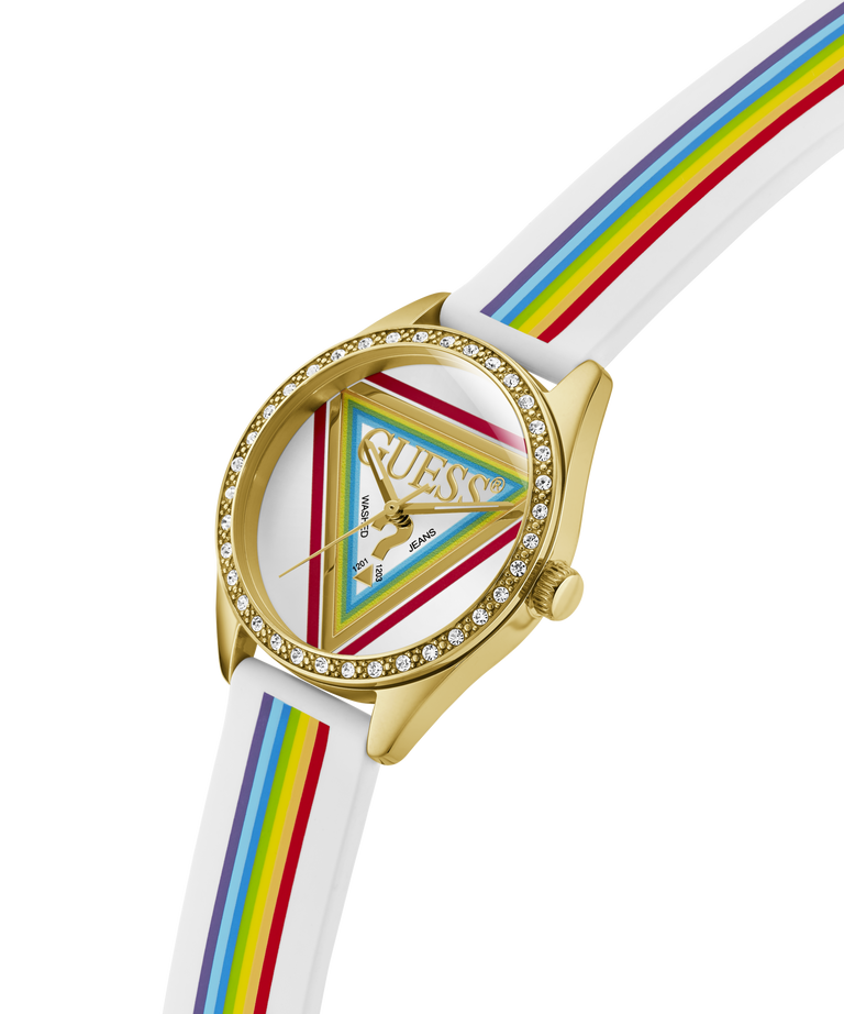 GUESS Ladies Pride Limited Edition White Gold Tone Analog Watch with gold case, colorful strap, and triangle logo on a white background lifestyle