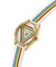 GUESS Ladies Pride Limited Edition White Gold Tone Analog Watch with gold case, colorful strap, and triangle logo on a white background lifestyle