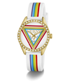 GUESS Ladies Pride Limited Edition White Gold Tone Analog Watch with rainbow-striped strap on a white background
