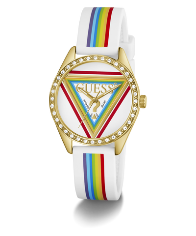 GUESS Ladies Pride Limited Edition White Gold Tone Analog Watch with rainbow-striped strap on a white background