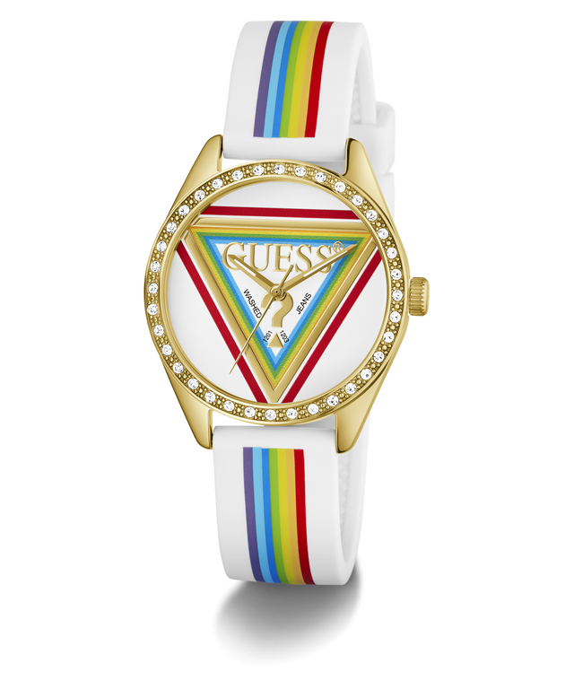 GUESS Ladies Pride Limited Edition White Gold Tone Analog Watch with rainbow-striped strap on a white background