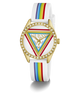 GUESS Ladies Pride Limited Edition White Gold Tone Analog Watch with rainbow-striped strap on a white background