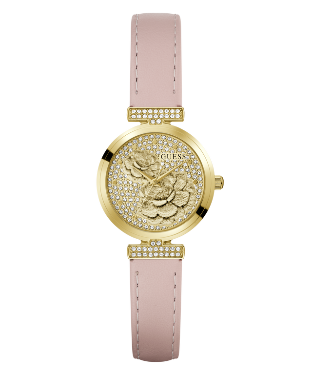 GUESS Ladies Light Pink Gold Tone Analog Watch watch with floral design and pink leather strap on white background