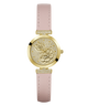 GUESS Ladies Light Pink Gold Tone Analog Watch watch with floral design and pink leather strap on white background