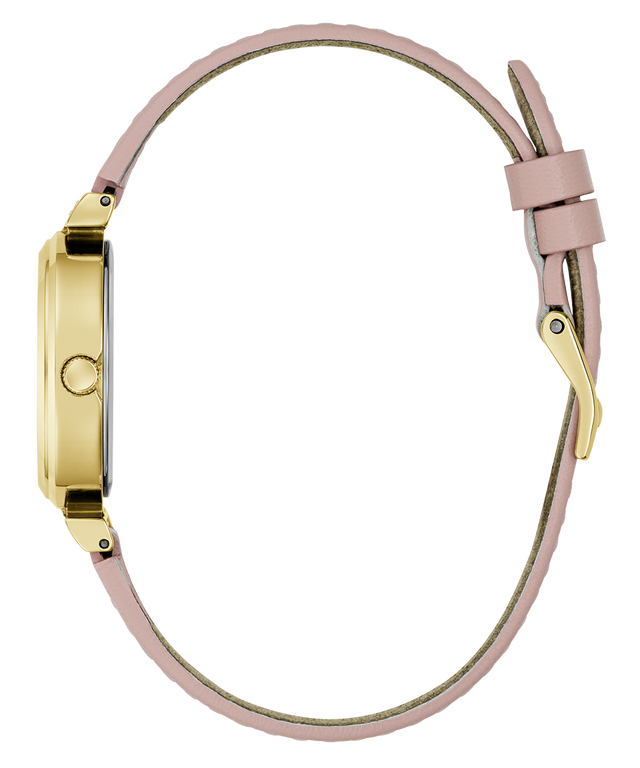 GUESS Ladies Light Pink Gold Tone Analog Watch with gold case and pink leather strap on a white background