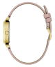 GUESS Ladies Light Pink Gold Tone Analog Watch with gold case and pink leather strap on a white background