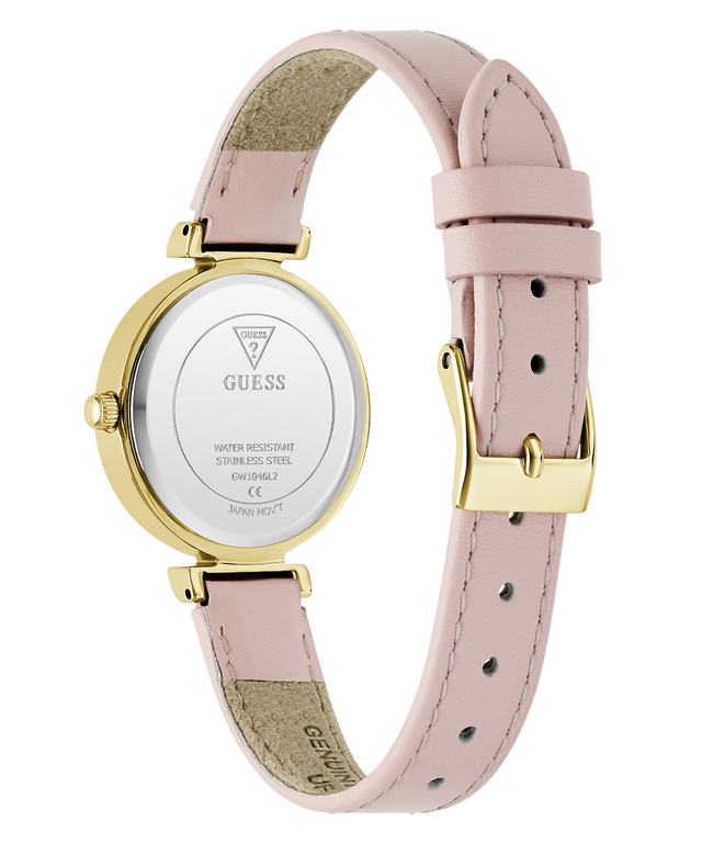 Guess watch with pink leather strap and gold casing on a white background