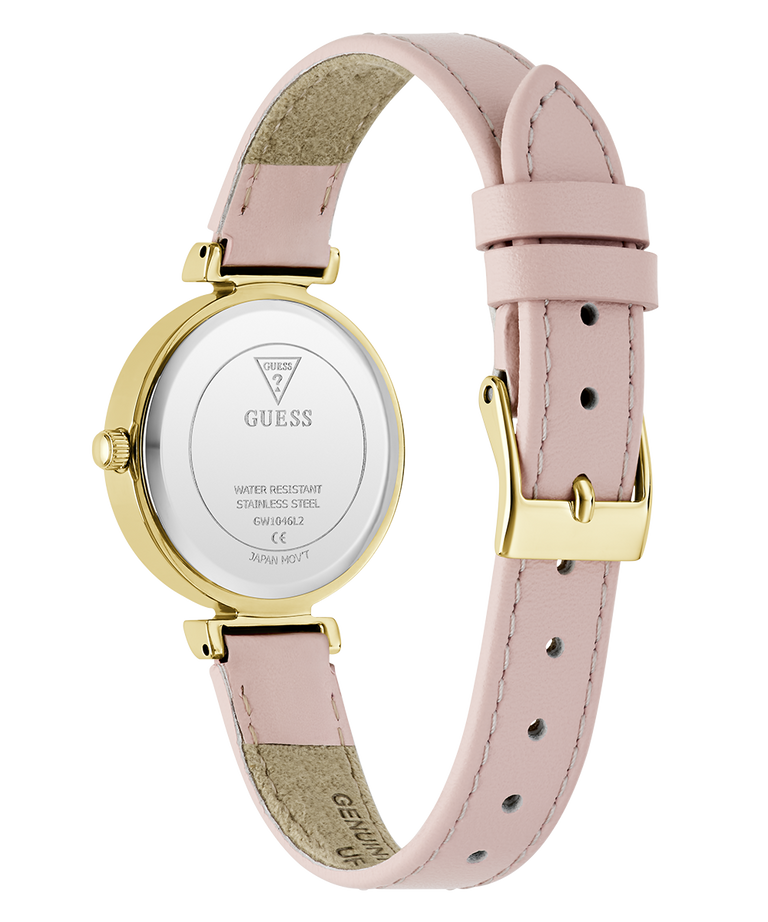 Guess watch with pink leather strap and gold casing on a white background