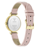 Guess watch with pink leather strap and gold casing on a white background