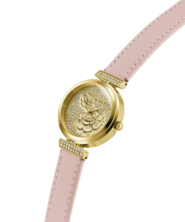 GUESS Ladies Light Pink Gold Tone Analog Watch with pink strap on a white background lifestyle