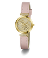 GUESS Ladies Light Pink Gold Tone Analog Watch with floral design and pink leather strap on a white background