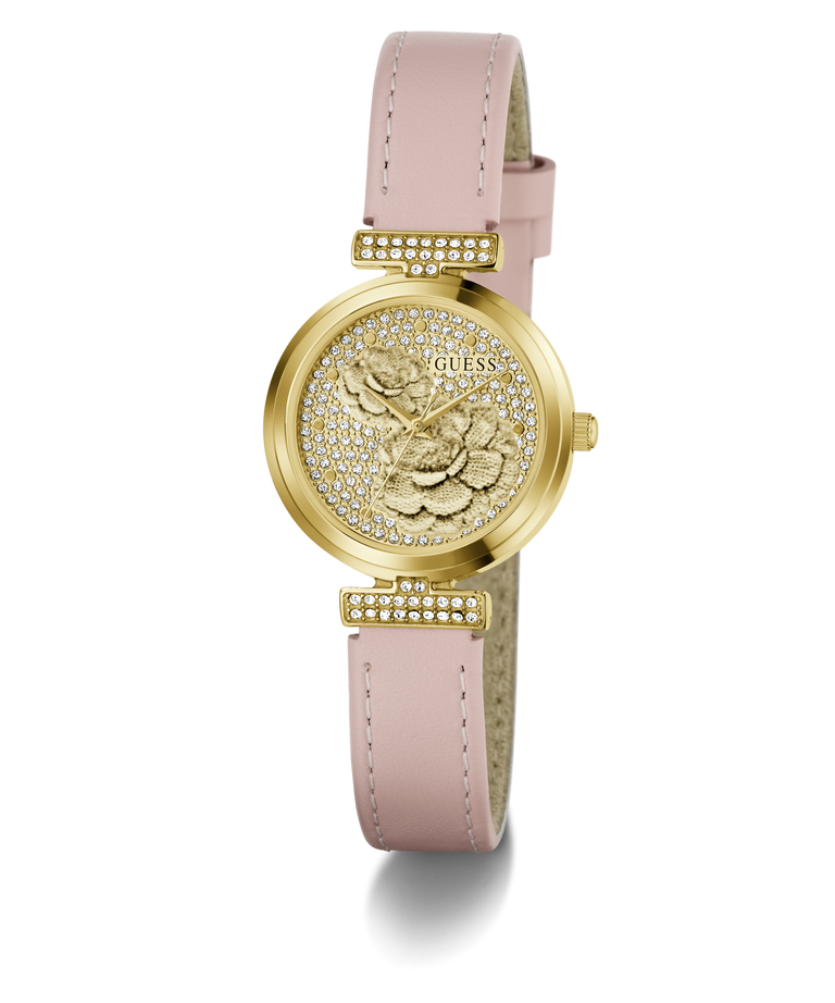 GUESS Ladies Light Pink Gold Tone Analog Watch with floral design and pink leather strap on a white background