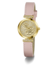 GUESS Ladies Light Pink Gold Tone Analog Watch with floral design and pink leather strap on a white background