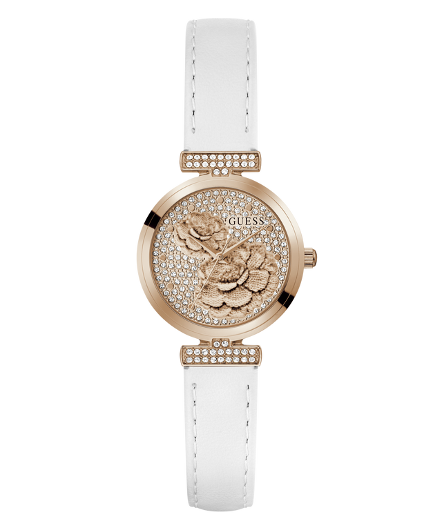 White GUESS Ladies White Rose Gold Tone Analog Watch with rose gold case and floral design on a white background