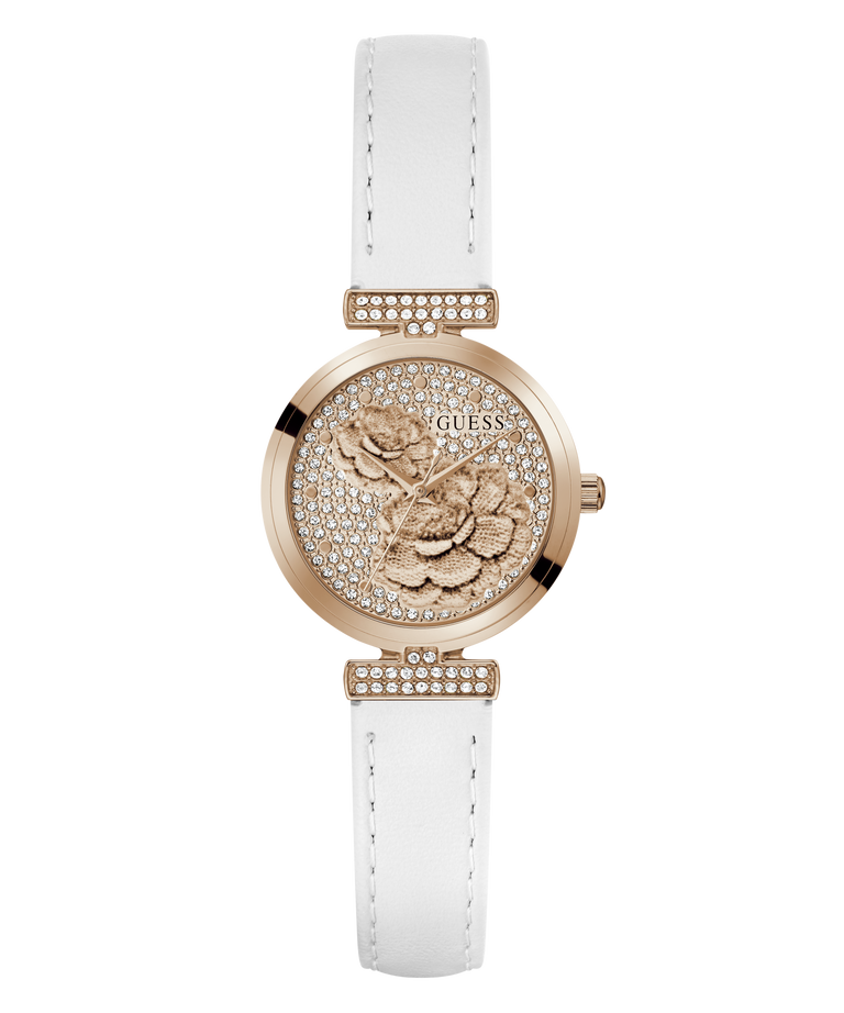 White GUESS Ladies White Rose Gold Tone Analog Watch with rose gold case and floral design on a white background