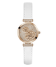 White GUESS Ladies White Rose Gold Tone Analog Watch with rose gold case and floral design on a white background