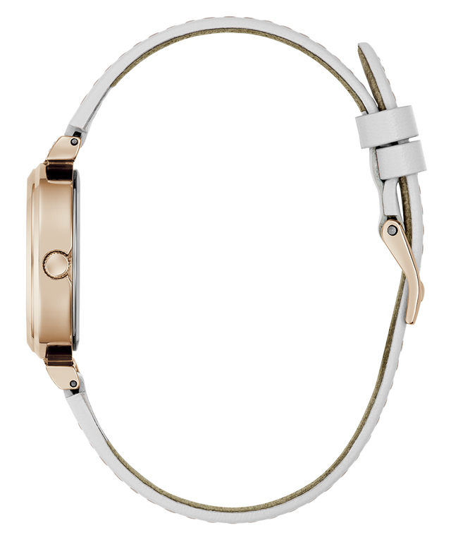 Watch with a white strap and rose gold case on a white background
