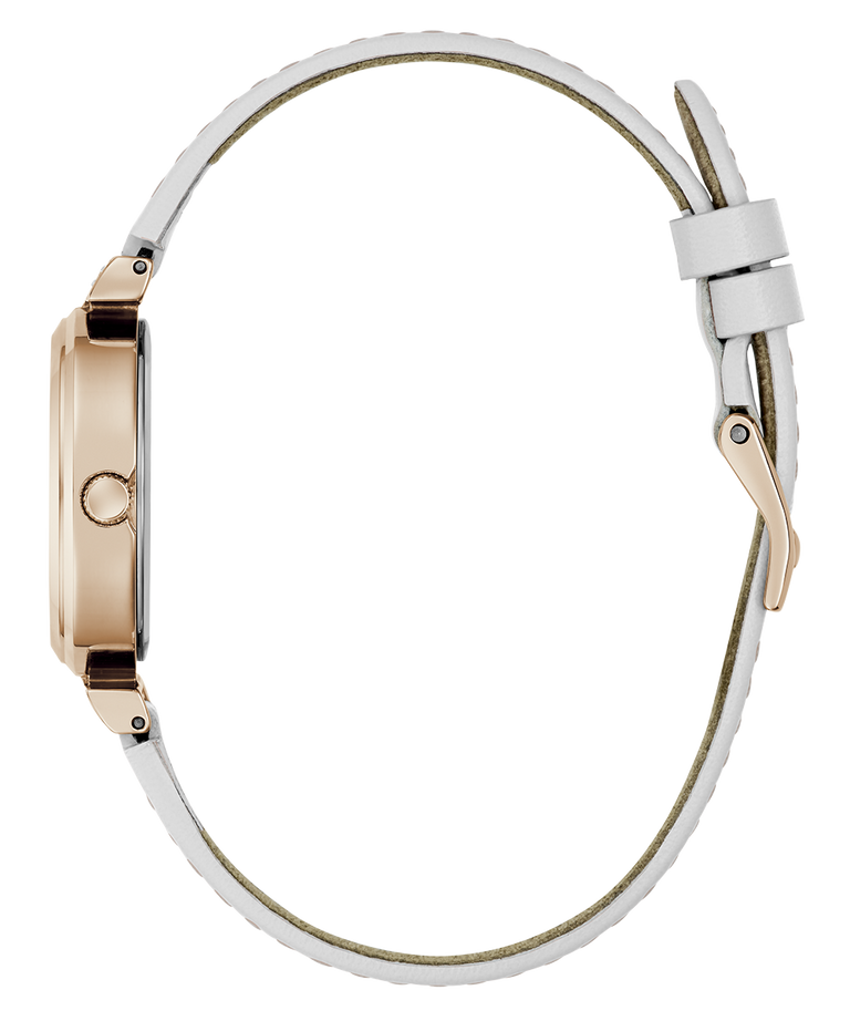 Watch with a white strap and rose gold case on a white background