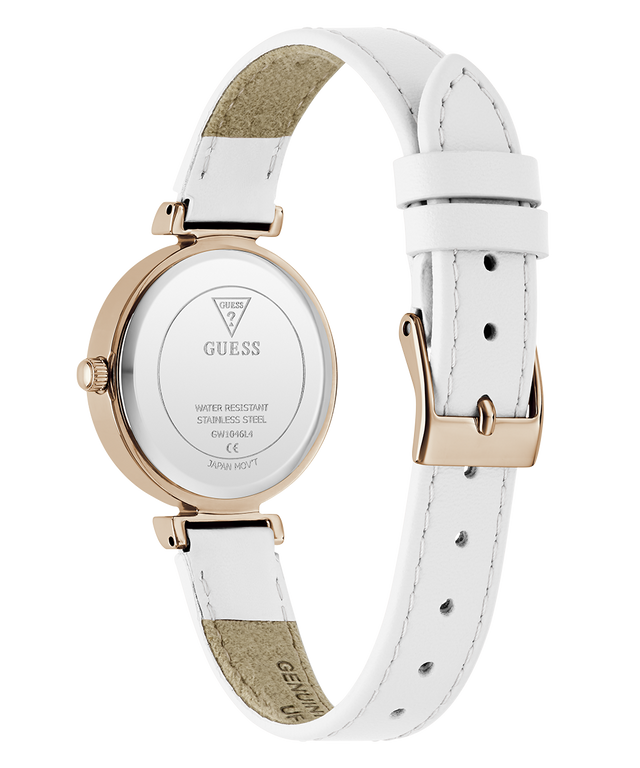 White watch with rose gold accents on a white background