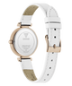 White watch with rose gold accents on a white background