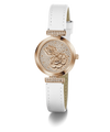 GUESS Ladies White Rose Gold Tone Analog Watch white watch with rose gold floral design and 'Guess' branding on a white background