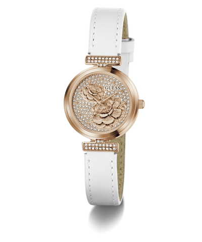 GUESS Ladies White Rose Gold Tone Analog Watch white watch with rose gold floral design and 'Guess' branding on a white background