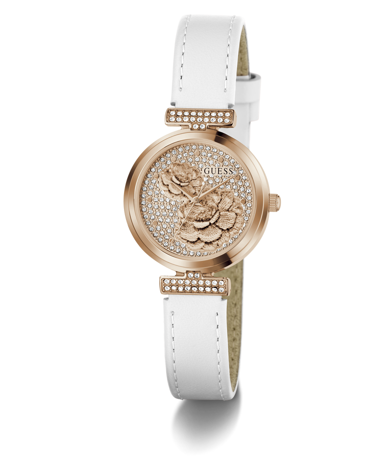 GUESS Ladies White Rose Gold Tone Analog Watch white watch with rose gold floral design and 'Guess' branding on a white background