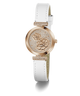 GUESS Ladies White Rose Gold Tone Analog Watch white watch with rose gold floral design and 'Guess' branding on a white background