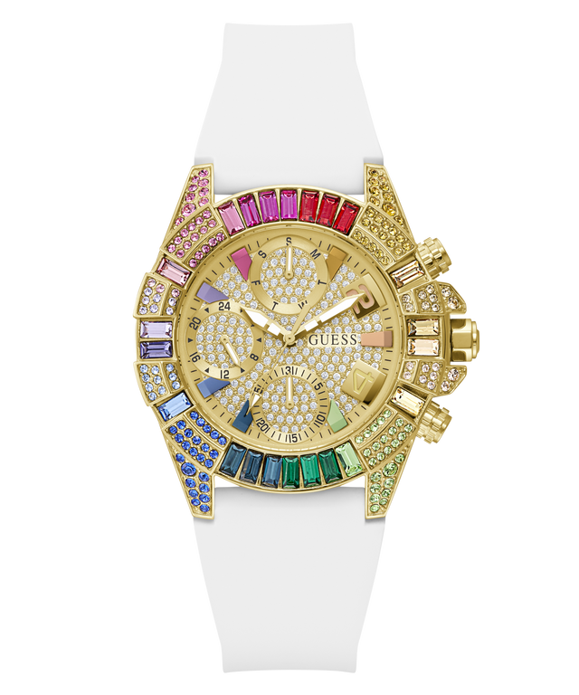Gold GUESS Ladies Pride Limited Edition White Gold Tone Analog Watch with colorful gemstones on a white strap