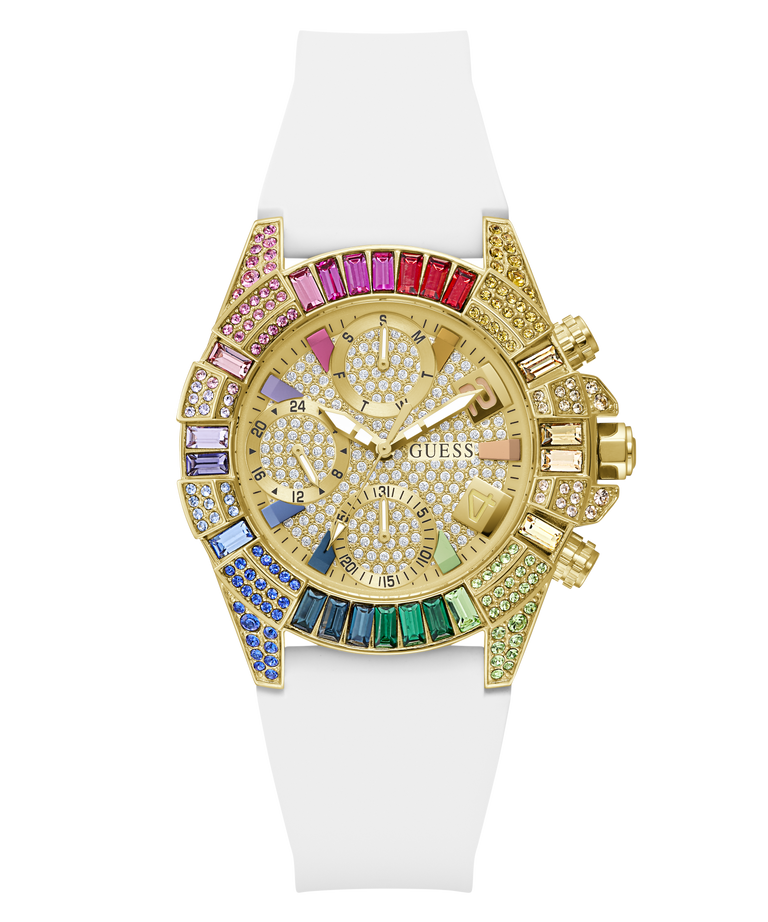 Gold GUESS Ladies Pride Limited Edition White Gold Tone Analog Watch with colorful gemstones on a white strap