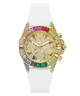 Gold GUESS Ladies Pride Limited Edition White Gold Tone Analog Watch with colorful gemstones on a white strap