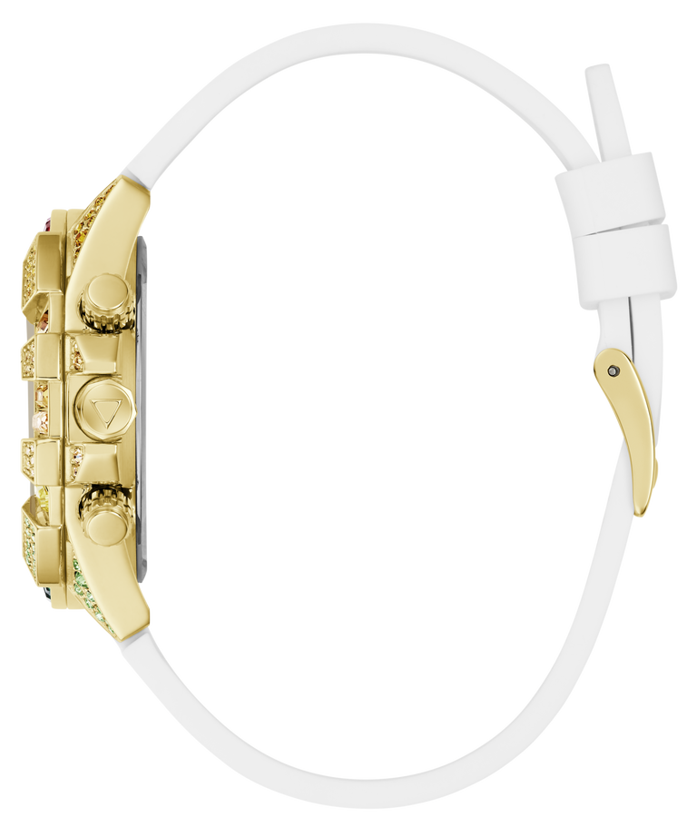 Gold GUESS Ladies Pride Limited Edition White Gold Tone Analog Watch with white strap on a white background