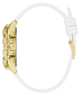 Gold GUESS Ladies Pride Limited Edition White Gold Tone Analog Watch with white strap on a white background