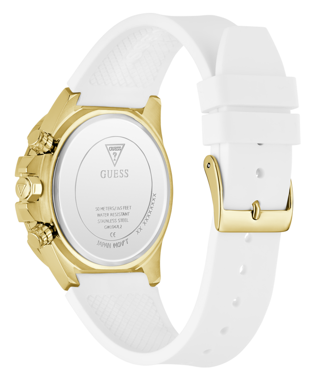 White GUESS Ladies Pride Limited Edition White Gold Tone Analog Watch with gold accents on a white background