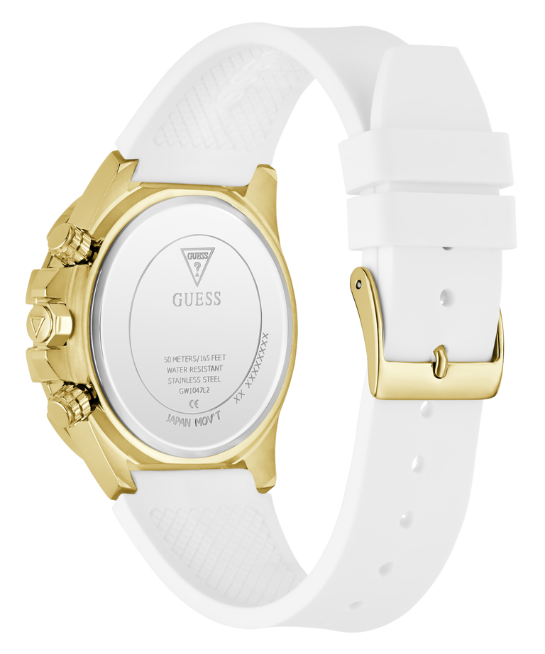 White GUESS Ladies Pride Limited Edition White Gold Tone Analog Watch with gold accents on a white background