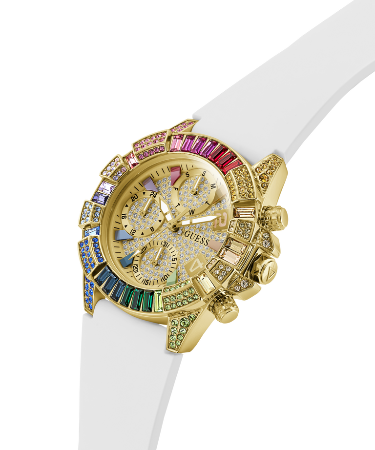 Gold GUESS Ladies Pride Limited Edition White Gold Tone Analog Watch with colorful gemstones on a white strap lifestyle