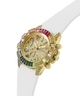 Gold GUESS Ladies Pride Limited Edition White Gold Tone Analog Watch with colorful gemstones on a white strap lifestyle