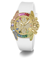 GUESS Ladies Pride Limited Edition White Gold Tone Analog Watch with colorful gemstones and white strap on a white background