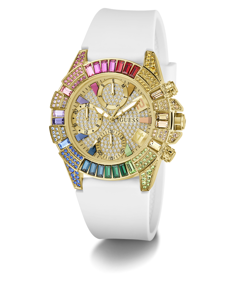 GUESS Ladies Pride Limited Edition White Gold Tone Analog Watch with colorful gemstones and white strap on a white background