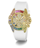 GUESS Ladies Pride Limited Edition White Gold Tone Analog Watch with colorful gemstones and white strap on a white background