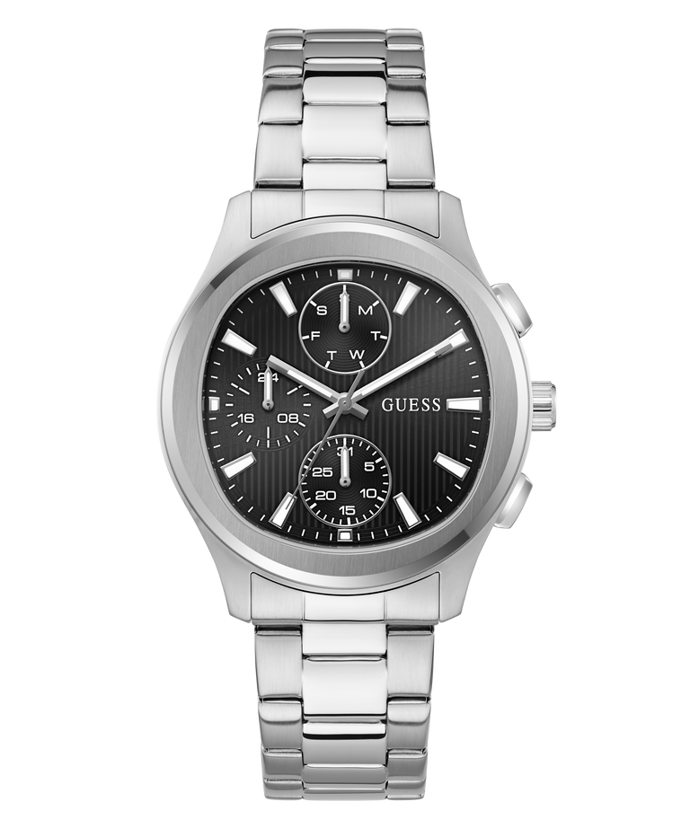 Silver GUESS Mens Palmer Silver Tone Analog Watch with black dial on a white background