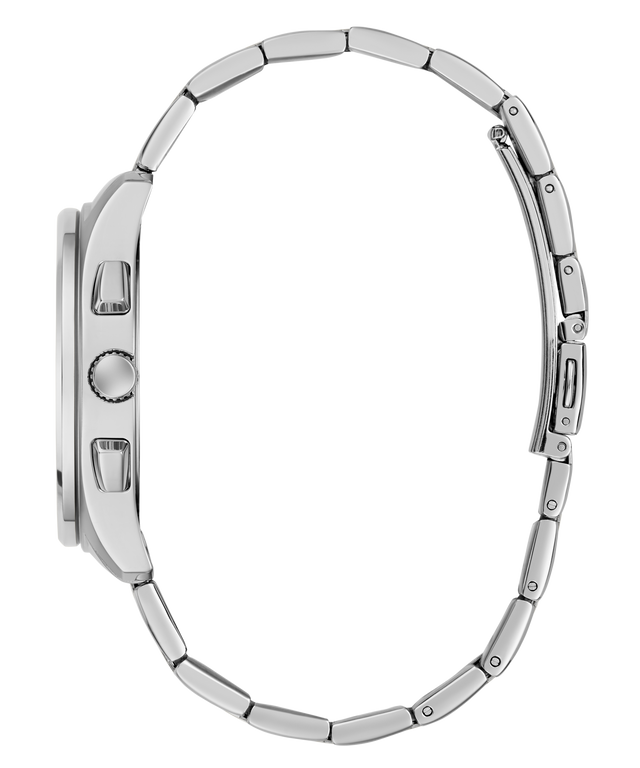 Close-up of a silver GUESS Mens Palmer Silver Tone Analog Watch band on a white background