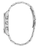 Close-up of a silver GUESS Mens Palmer Silver Tone Analog Watch band on a white background