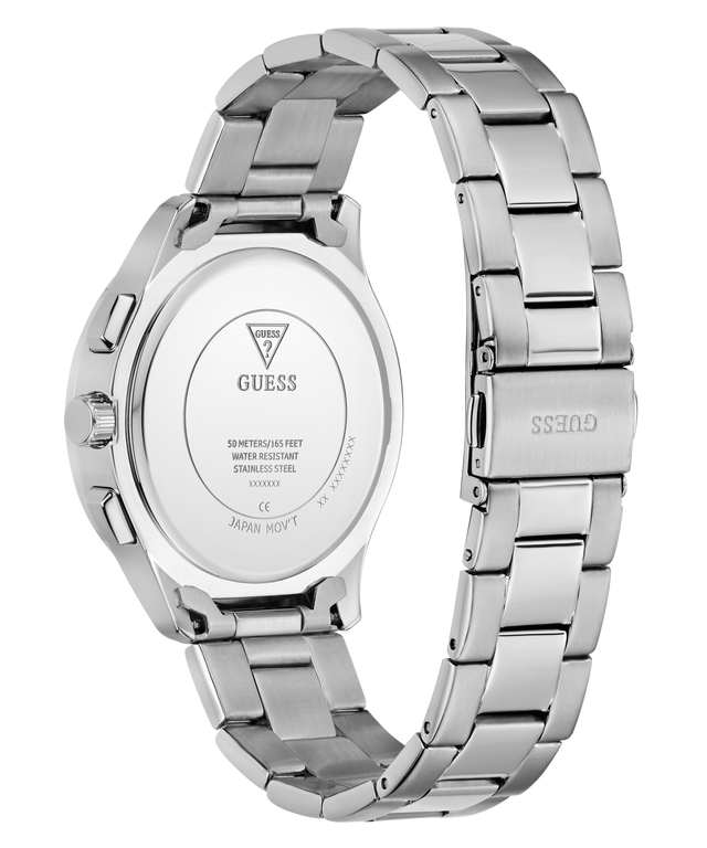 Silver Guess watch with metal band on a white background
