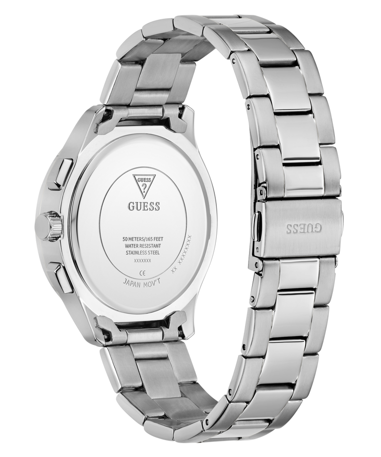 Silver Guess watch with metal band on a white background
