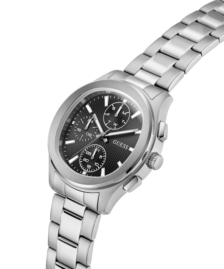 Silver GUESS Mens Palmer Silver Tone Analog Watch with a black face on a white background lifestyle