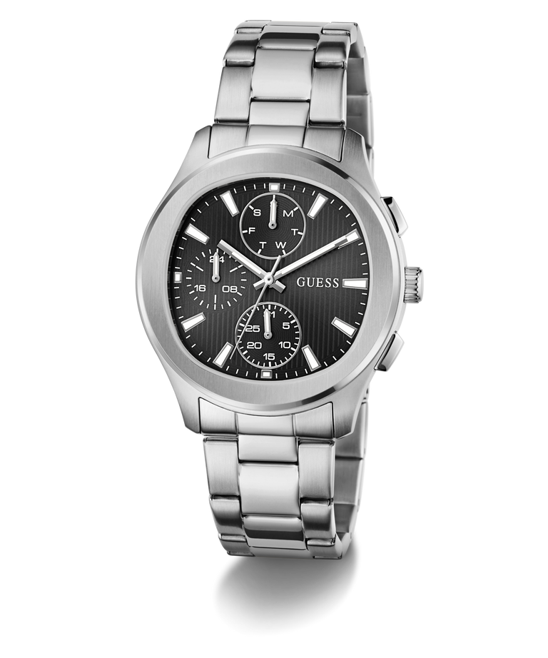GUESS Mens Palmer Silver Tone Analog Watch with black dial on a white background