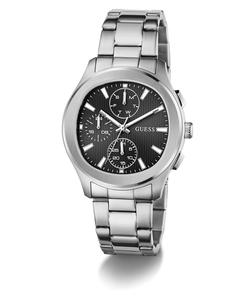 GUESS Mens Palmer Silver Tone Analog Watch with black dial on a white background